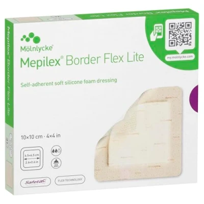 Afbeelding van Mölnlycke Mepilex Border Flex Lite 10 cm x siliconen schuim dressing 5&#039;s doos 360 graden en Safetac Technology door Mölnlycke, REF 581300, update versie