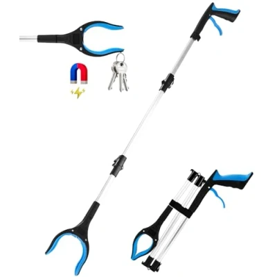 Afbeelding van FAOKZE opvouwbare grijper, grijptang voor senioren, afvaltang, aluminium, grijptang, lang 110 cm, grijper met magneetpunten, afvalgrijper afvalafvoer, afvalverzameling (Blauw)