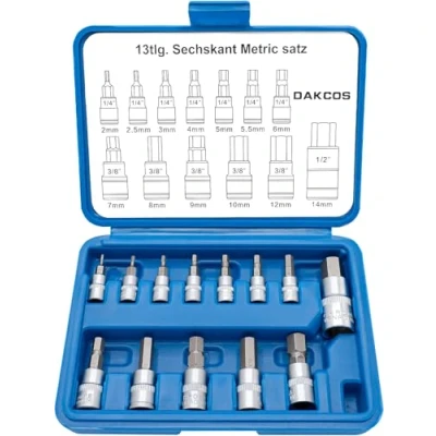 Afbeelding van DAKCOS 13 stks Hex Socket Set, Metrische 2 14mm Allen Kit, Bit Set 1/4&quot;, 3/8&quot;, 1/2&quot; CR V Sockets en S2