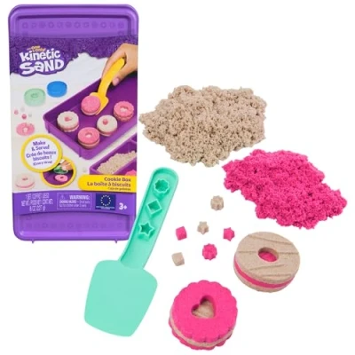 Afbeelding van Kinetic Sand, koektrommelset met 227 g speelzand (2 kleuren), 1 stuk gereedschap en 2 vormen, herbruikbare verpakking, knutselen, sensorisch speelgoed