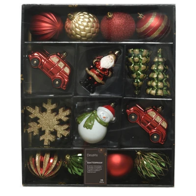 Afbeelding van Decoris Kerstbal Mix Box Kerstboomversiering Rood Groen Goud 25 stuks 5 Assortiment