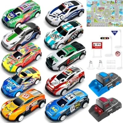 Afbeelding van TOYABI 21 Matchbox autoset, 10 stuks, metaal, klein autospeelgoed, speelgoed auto&#039;s met luciferstarter, stadsmat, opbergtas voor jongens en meisjes van 3, 4, 5 jaar