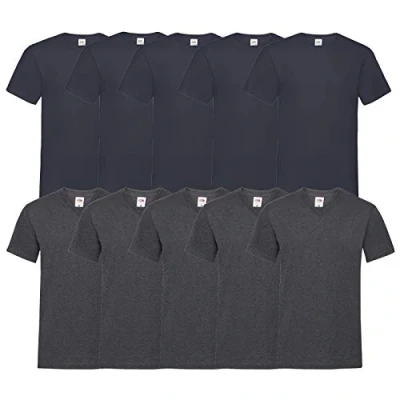 Afbeelding van Fruit of the Loom T shirt, met V hals, in verschillende maten en kleuren, 10 stuks, 5deepnavy5, darkheather, L
