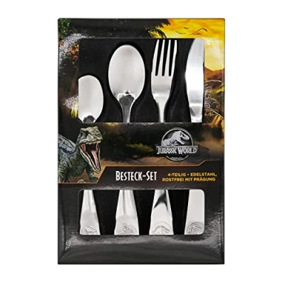 Afbeelding van Jurassic World Kinderbestekset, 4 delige bestekset met dino reliëf, eetbestek van roestvrij staal mes, vork, soeplepel en dessertlepel
