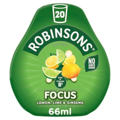 Afbeelding van Robinsons Focus Benefit Drops Citroen, Limoen &amp; Ginseng Met Vitamine B3 en Zink Echt Vruchtensap Geen Kunstmatige Kleuren Toegevoegde Suiker Perfect Voor Op Reizen 66ml