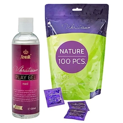 Afbeelding van VIBRATISSIMO Condooms Nature 100 pack &amp; glijmiddelset I Condoombox extra vochtig voor mannen Dunne wanddikte natuurlijke kleuren met authentiek, ultradun gevoel b=53mm