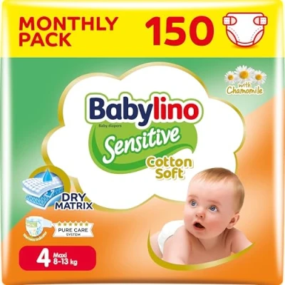 Afbeelding van Babylino Sensitive Cotton Soft luiers, maat 4, Maxi (8 13 kg), 150 stuks