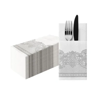 Afbeelding van PAW Airlaid Servetten (1/8 pocket) I 25 Stuks Bruiloft en Verjaardag Decoratie Ideaal voor Bruiloften, Communies, Recepties Elegant Tafeldecoratie Kleur: Koningskant (zilver)
