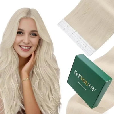 Afbeelding van Easyouth tape in extensies, echt haar, platinablond, witte tape, witblond #1000, 35 cm, 40 g, 20 stuks