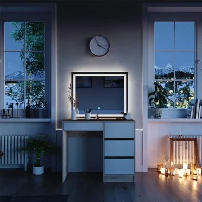 Afbeelding van Vicco Beautytisch met licht &quot;Sherry&quot;, Sonoma/Wit, 90 cm LED spiegel
