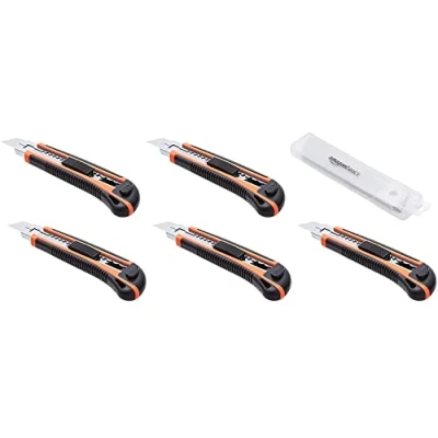 Afbeelding van Amazon Basics Hoogwaardig universeel mes, hout met intrekbare ergonomische handgreep, 5 pack, vergrendelingsmes in meerdere posities en 10 verwisselbare scherpe messen de container, meerkleurig