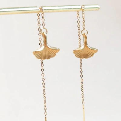 Afbeelding van Ava &amp; Imber Gingko Threader Goud Gouden Stainless Steel Oorbellen met Ginkgo Blad Waterproof