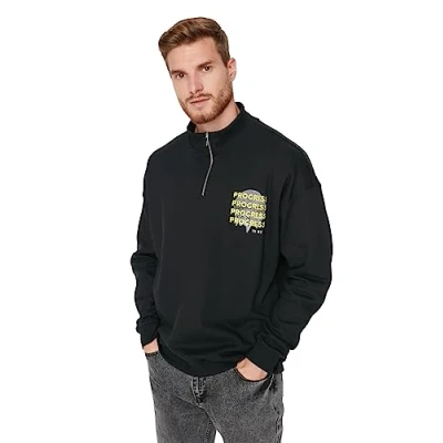 Afbeelding van Trendyol Zwarte Oversized/Wijde Snit Met Rits En Tekstprint Aan De Binnenkant, Fleece/Warme Sweatshirt Tmnaw23Sw00017