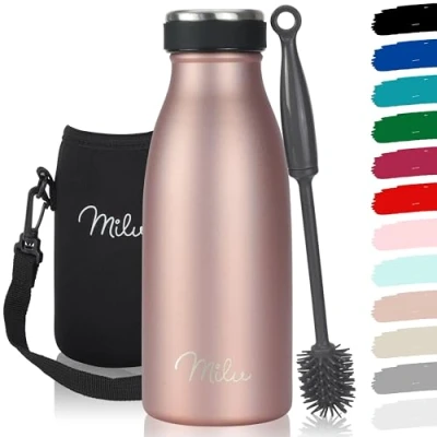 Afbeelding van Milu roestvrijstalen drinkfles 350ml, 500ml, 750ml, 1000ml thermosfles voor kinderen volwassenen lekvrije geïsoleerde fles koolzuur geschikt incl. Reinigingsborstel (Rose Gold, 350 ml)