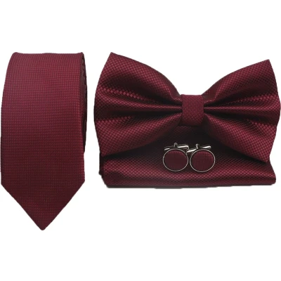 Afbeelding van Sorprese Stropdas Set Ruit Bordeaux Rood Smal inclusief strik pochet en manchetknopen stropdassen voor heren vlinderdas Cadeau