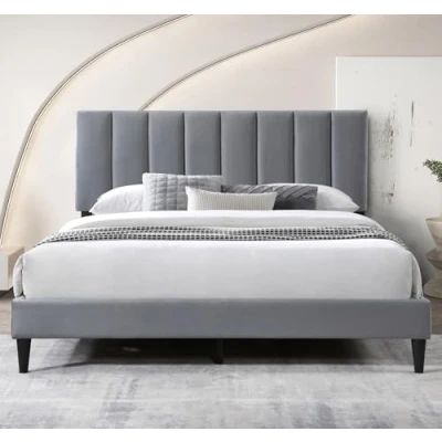 Afbeelding van bed 140x200 &amp; 160x200 cm, gestoffeerd met lattenbodem, bedframe, tweepersoonsbed zachte overtrek en gewatteerd hoofdeinde verticaal stiksel, hoog ligcomfort, grijs cm