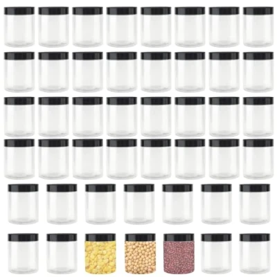 Afbeelding van YUENPUN 46 stuks doorzichtige plastic ronde potten met zwarte deksels, 250 ml kleine opbergpotten, lege van 8 oz deksels voor