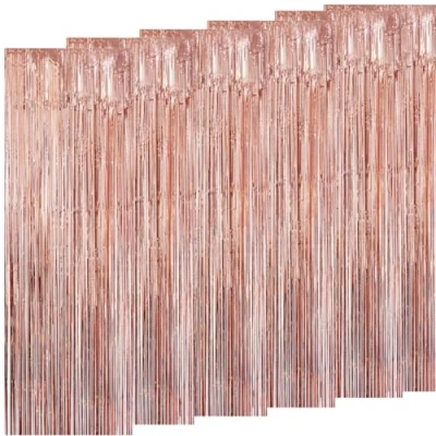 Afbeelding van 6 Lametta Metalen Gordijnen Rosegold Zilver, Folie Gordijn, Achtergrond Ringgordijnen voor Verjaardag, Partij, Bruiloft. Decoratie Rose Goud