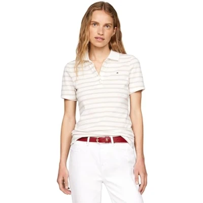 Afbeelding van Tommy Hilfiger 1985 SLIM Stripe Poloshirt, Dames, Maat: XS, Ecru/classic beige