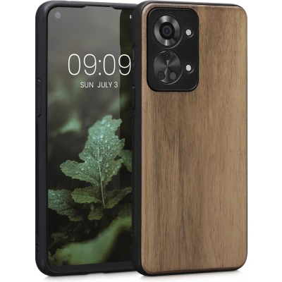 Afbeelding van kwmobile telefoonhoesje compatibel met OnePlus Nord 2T 5G hoesje Back cover van hout en TPU In donkerbruin