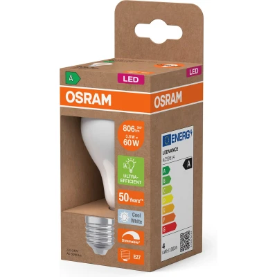 Afbeelding van OSRAM Energy Class LED Lampe in klassischer Kolbenform, 3.8 W / 806 lm, EEK A, kaltweißes Licht (4000 K), CRI 80, aus gefrostetem bleifreiem Glas, E27 Sockel, IP20, 60 mm Durchmesser, dimmbar.