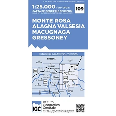 Afbeelding van Carta n. 109 Monte Rosa, Alagna Valsesia, Macugnaga, Gressoney 1:25.000. dei sentieri e rifugi