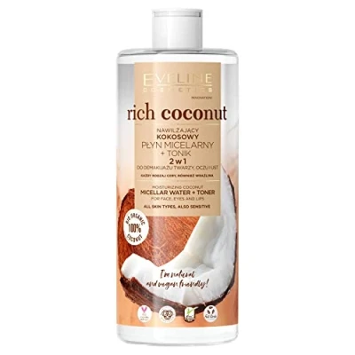Afbeelding van EVELINE COSMETICS Rijke kokosnoot micellair water + hydraterende tonic 2in1 voor alle huidtypes Make up remover Biologisch product Veganistische formule 96% natuurlijke dag en nacht 500ml