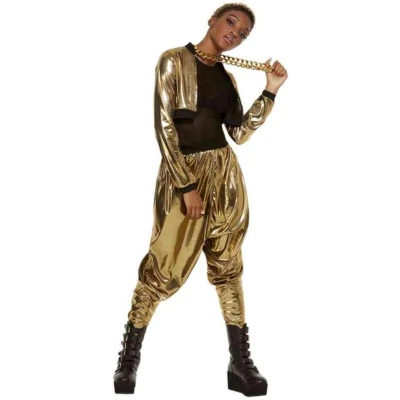 Afbeelding van Smiffy&#039;s MC Hammer Kostuum 80s Time Golden Rapper Vrouw Zwart, Goud Small Carnavalskleding Verkleedkleding