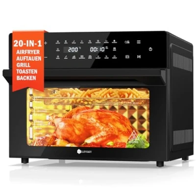 Afbeelding van Heteluchtfriteuse XXL, 30 liter, mini oven, convectie met 20 programma&#039;s en 8 accessoires, oven led touchscreen, airfryer zonder olie kijkvenster, twee kookmodi, receptenboek, 80 C