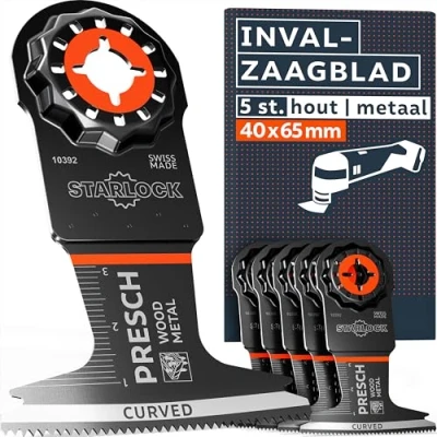 Afbeelding van Presch Multitool Zaagbladen Hout &amp; Metaal 40x65mm 5 st. Starlock voor gereedschapsloos vervangen Precies zagen met BI metalen tanden Curved Tec ontwerp Accessoires