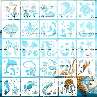 Afbeelding van 24 stuks schilderij tekening stencils zee wezens voor ambachten herbruikbare doe het zelf kunst ambachtelijke plastic sjablonen kinderen schilderen muur scrapbooking kaart 5,1 x inch