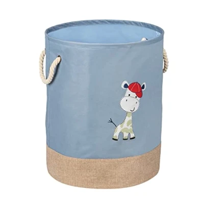 Afbeelding van WENKO Wasverzamelaar voor kids Gerry blauw, ronde waszak kinderen in moderne felroze kleur met leuke giraffenprint en twee katoenen handvatten, 63 liter opbergruimte één vak, Ø 40 x 50 cm