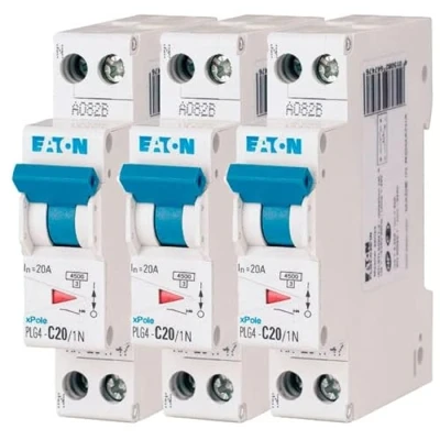 Afbeelding van EATON 264747 PLG4 C20/1N MODULAIRE SPANKER PH/N Wit Blauwe Controller 1P+N / 20 A Curve C Schroefaansluiting 3 stroomonderbrekers
