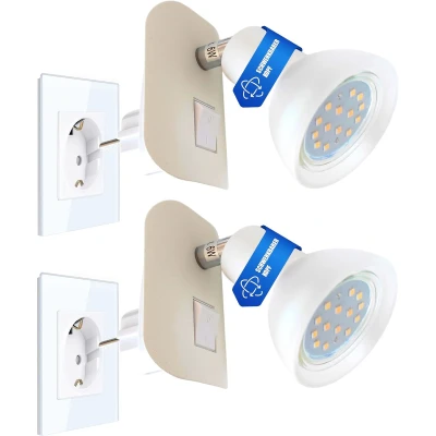 Afbeelding van Trango 2er Pack LED stekkerlicht TG11 246 in wit met glazen lampenkap, stekker nachtverlichting incl. elk 1x GU10 3000K warmwitte verlichting &amp; AAN/UIT schakelaar leeslamp, keukenlamp