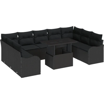 Afbeelding van vidaXL 10 delige tuinbankset met kussens zwart poly rattan