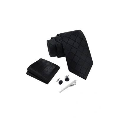 Afbeelding van Stropdas set Zwart Vierkant Patroon met manchetknopen, pochet en dasspeld luxe stropdassen voor heren in Geschenkdoos Mens tie Black