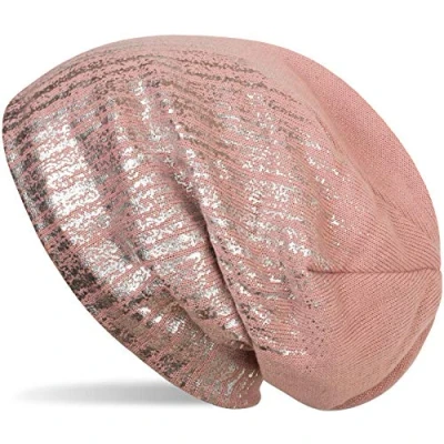 Afbeelding van styleBREAKER warme fijn gebreide muts met metallic print en fleece voering, slouch longbeanie, unisex 04024132, Farbe:oude roos/Zilver