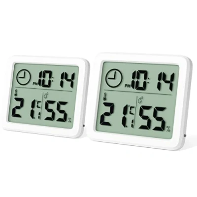 Afbeelding van Newaner 2 stuks mini digitale binnenthermometer, hygrometer, draagbaar, professioneel, groot display met klok, nauwkeurige witte thermometer, hygrometer voor thuis, babykamer, kantoor, kas
