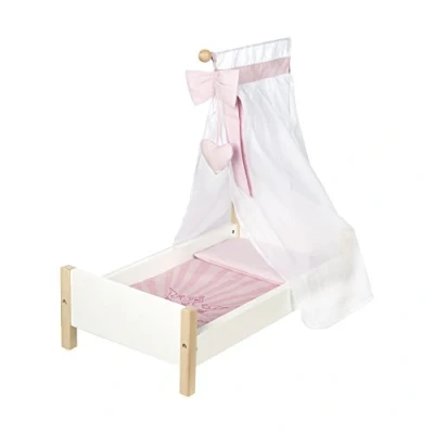 Afbeelding van Roba Poppenbed uit poppenmeubel serie &quot;Scarlet&quot;, poppenaccessoires wit gelakt, incl. textiel uitrusting, beddengoed en hemel roze