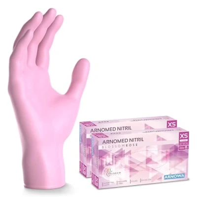 Afbeelding van ARNOMED wegwerphandschoenen roze, XS, nitril handschoenen met 200 stuks per doos, poedervrij, latexvrije rubber handschoenen, verkrijgbaar in S, M, L &amp; XL