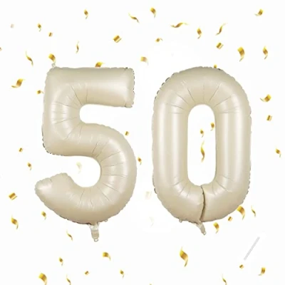 Afbeelding van Partyhausy Verjaardagsnummer ballon 50 jaar folieballon beige in 40 101 cm verjaardagsdecoratie ballonnummer decoratie voor verjaardag, vliegt met helium, mannen vrouwen 50e verjaardagsfeest