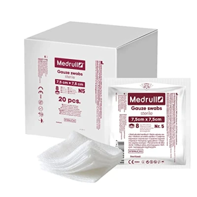 Afbeelding van Medrull Mulldeppers Steriel Niet klevende wondpads Extra absorberend 8 laags 7,5 cm x Verpakt 5 stuks 20 papieren zakken (100 stuks)