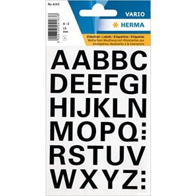 Afbeelding van HERMA 4163 letterstickers A Z, weerbestenddig (lettergrootte 15 mm, 1 vellen, folie) zelfklevend, permanente klevende alfabet sticker, 36 etiketten, transparant/zwart