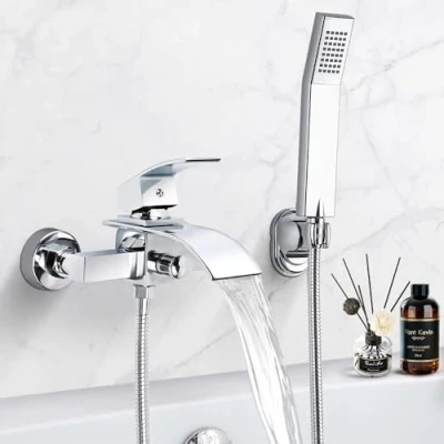 Afbeelding van Badkuipkraan met douche, badkraan chroom, mengkraan badkuip drukschakelaar, armatuur H59 messing, douche handdouchehouder (Square)