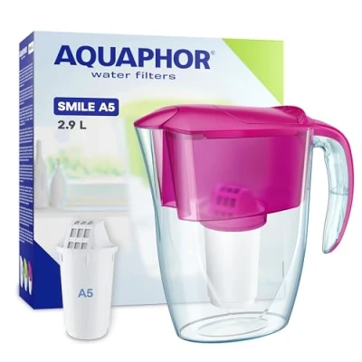 Afbeelding van AQUAPHOR Smile Waterfilterkan met 1x A5 350 liter cartridge, cyclamen roze, 2,4 totale capaciteit (pakket kan variëren)