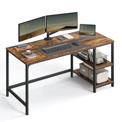 Afbeelding van VASAGLE Bureau, computertafel, PC tafel, kantoortafel, met 2 planken rechts of links, voor kantoor, woonkamer, stalen frame, industrieel ontwerp, vintage bruin zwart LWD55X