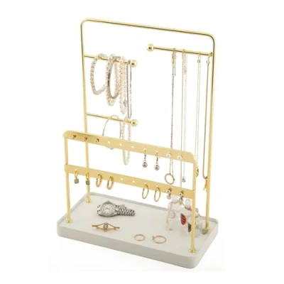 Afbeelding van simplywire Sieradenstandaard Organizer voor kettingen en oorbellen met armbandhouder Goudkleurig wit bakje