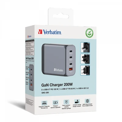 Afbeelding van Verbatim Ladeadapter, Universal, GNC 200, GaN, 200W, grau 1x USB A QC, 3x C PD, Retail