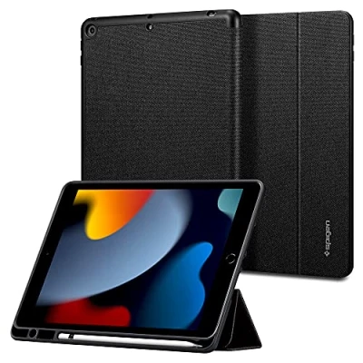 Afbeelding van Apple iPad 10.2 (2021) Hoes: Spigen Urban Fit Bookcase Zwart Textiel Tablet Hoezen
