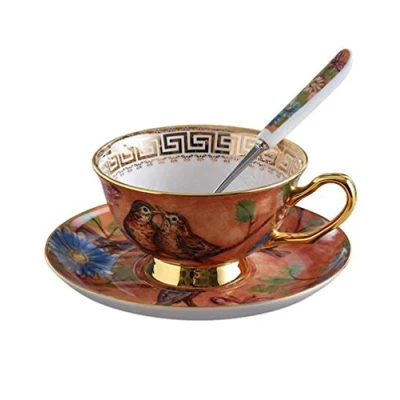 Afbeelding van Eplze YBK Tech Euro Style Cup &amp; Schotel Set, Bone China Theekopje Koffiekop voor Ontbijt Thuis Keuken Vogels en Bomen Patronen (Oranje)
